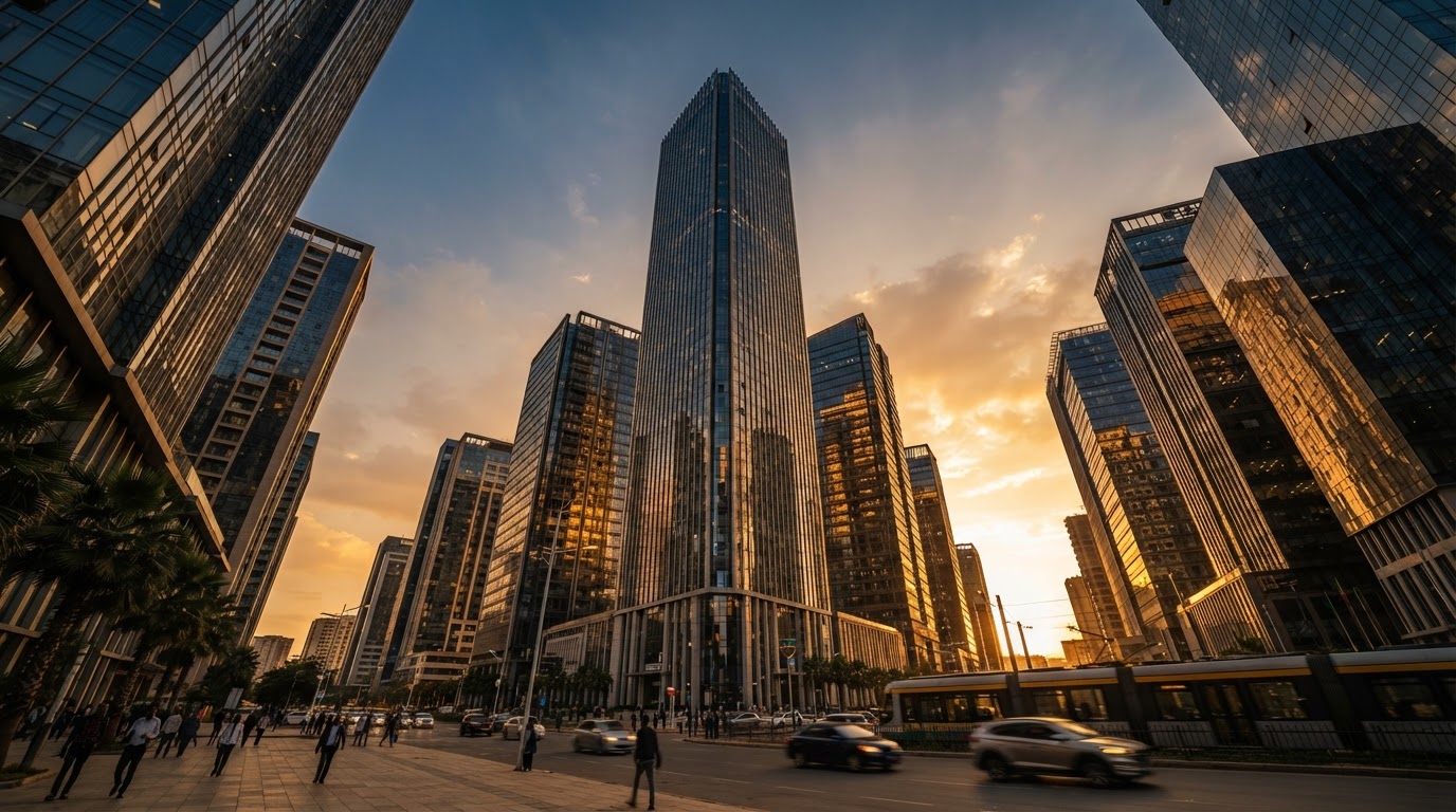 Modern Ethiopian city infrastructure at golden hour